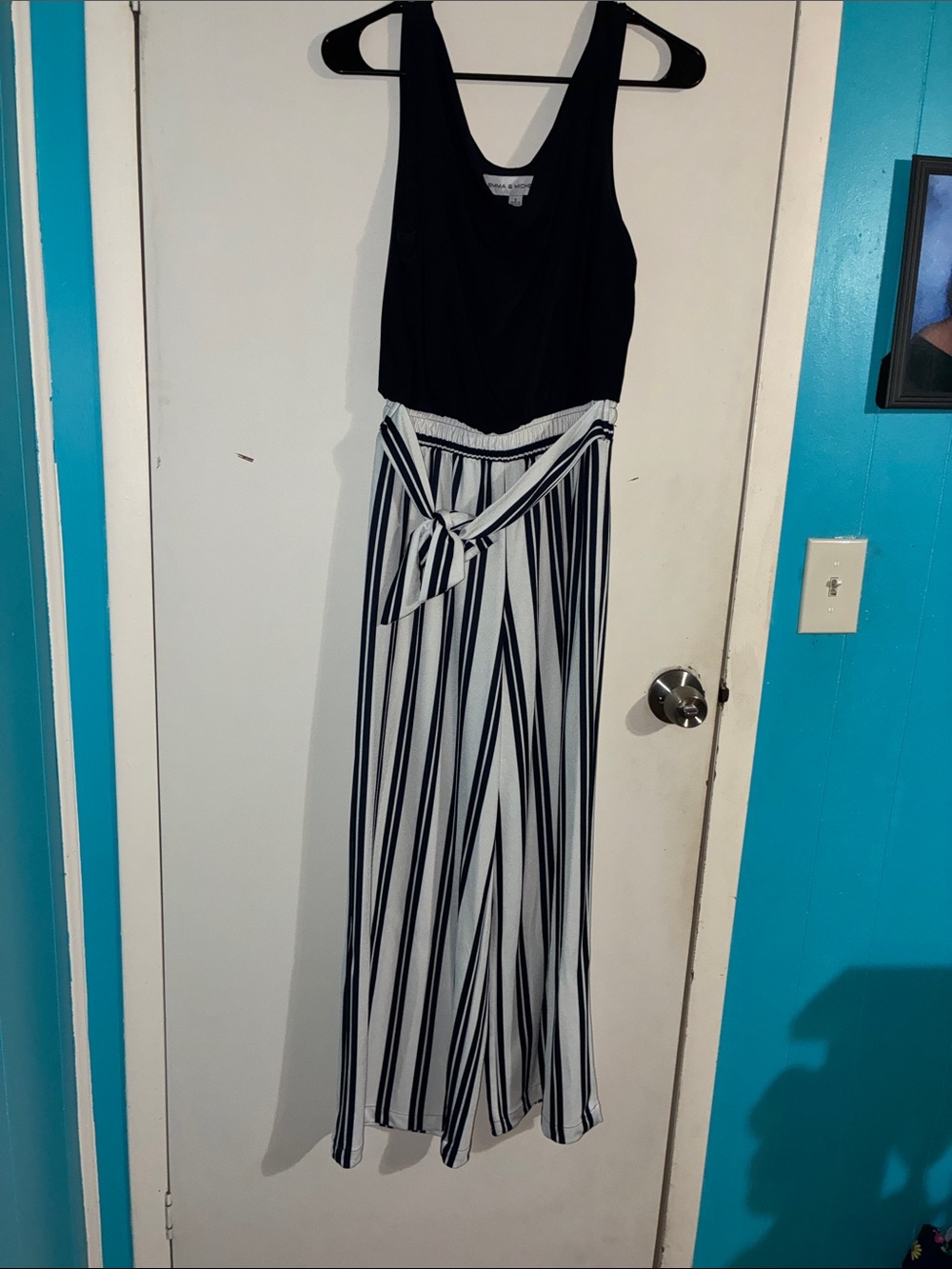 Navy & White Striped Wide-Leg Jumpsuit with Tie Waist
